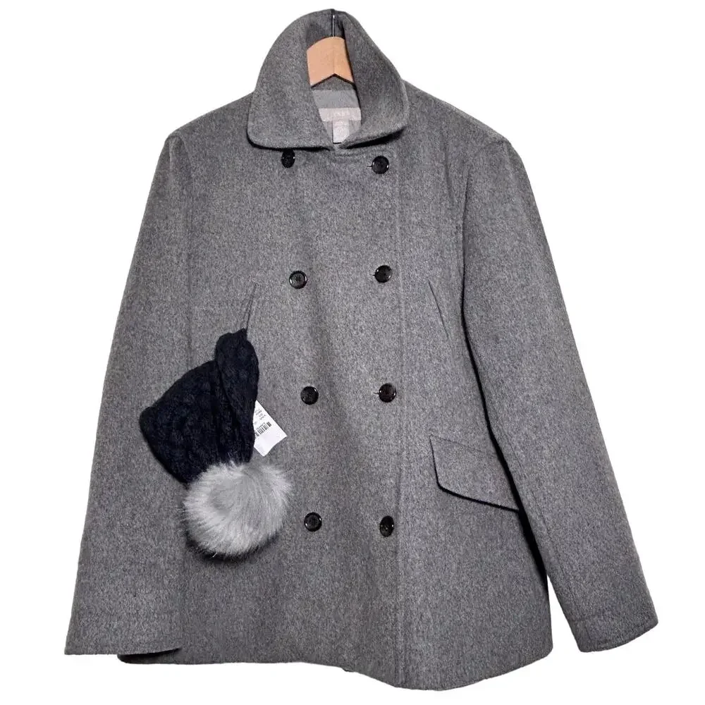 J. Crew Wool Cashmere Peacoat Gray PLUS Beanie Faux Fur Pom Basket Weave Cap